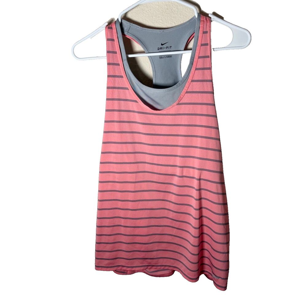 Nike Tank Top Women's XL Pink Striped Built In Sports Bra Athletic Gym Shirt